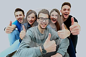 Happy joyful group of friends cheering isolated on white background.