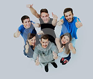 Happy joyful group of friends cheering isolated on white background.