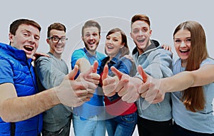 Happy joyful group of friends cheering isolated on white background.