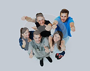 Happy joyful group of friends cheering isolated on white background.