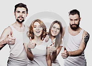 Happy joyful group of friends cheering isolated on white background.