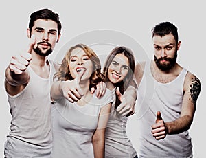 Happy joyful group of friends cheering isolated on white background.