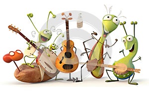 Happy and joyful insects playing musical instruments.