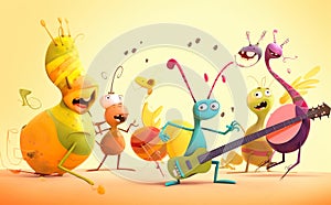 Happy and joyful insects playing musical instruments.