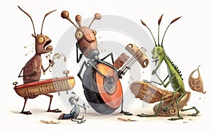 Happy and joyful insects playing musical instruments.