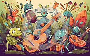 Happy and joyful insects playing musical instruments.