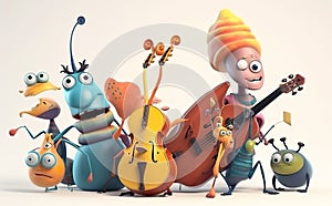 Happy and joyful insects playing musical instruments.