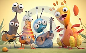 Happy and joyful insects playing musical instruments.