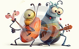 Happy and joyful insects playing musical instruments.