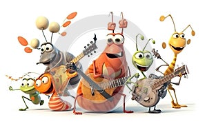 Happy and joyful insects playing musical instruments.