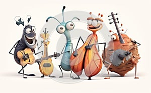 Happy and joyful insects playing musical instruments.