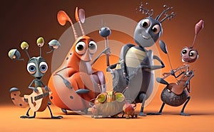 Happy and joyful insects playing musical instruments.