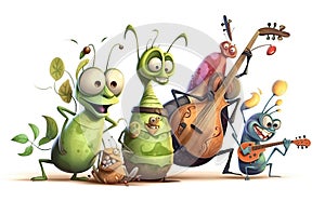 Happy and joyful insects playing musical instruments.