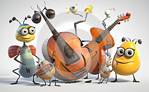 Happy and joyful insects playing musical instruments.