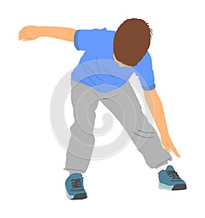 Happy joyful kid, little boy doing exercises vector illustration isolated white background. Funny boy playing physical game.