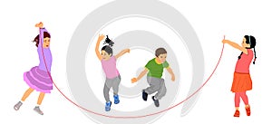 Happy joyful kids, little boy and girls doing exercises, skipping with jump rope vector illustration isolated on white.