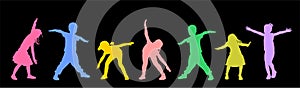 Happy joyful kids, little boys and girls doing exercise vector silhouette isolated on black background. Funny playing plane game.