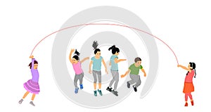 Happy joyful kids, little boys and girls doing exercises, skipping with jump rope vector illustration isolated on white. Funny