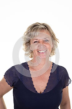 Happy joyful senior lady mature woman blond isolated on white background