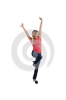 Happy and joyful woman full of energy with arms raised