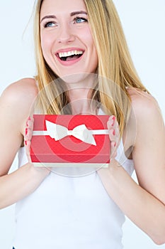 Happy joyful woman smile hold red gift box reward