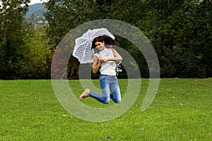 Happy jump with lace umbrella