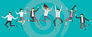 Happy jumping business people. Excited office team workers jumping at employees party, smiling professionals jump vector