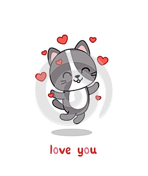 Happy jumping cat. Valentine day card. Love you. Kawaii, cartoon, vector