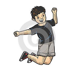 Happy jumping child sketch engraving vector