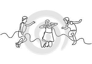 Happy jumping children continuous one line drawing. A little kids play in the playground cheerfully isolated on white background.