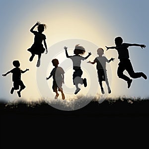 Happy jumping children silhouettes