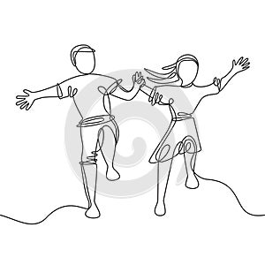 Happy jumping couple holding hands - continuous line drawing.