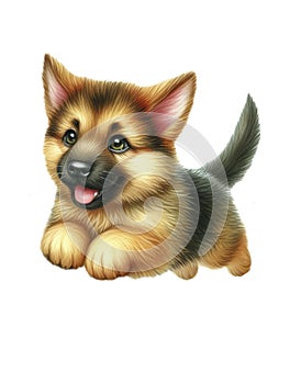 Happy jumping German Shepherd puppy. Watercolor