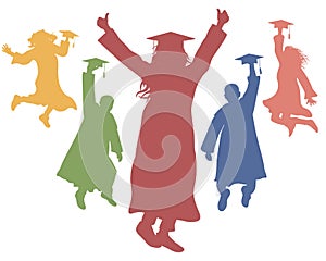 Happy jumping graduate students, color silhouettes. Vector illustration