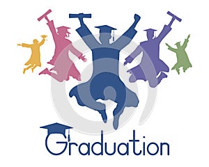 Happy jumping graduate students with diplomas, color silhouettes. Vector illustration