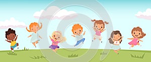 Happy jumping kids. Funny children playing and jumping on meadow. Little people vector background