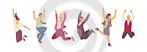 Happy jumping office peoplÐµ. Office workers rejoice at luck, success in teamwork. Fun colleagues at work dance together flying