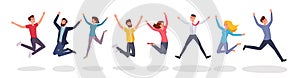 Happy jumping people flat illustration. Group jump photo, students, friends celebrate winning cartoon characters