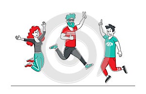 Happy Jumping People. Office Workers Team or Friends Joy, Hipster Characters, Cheerful Corporate Employees