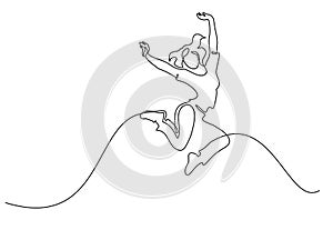 Happy jumping woman. Continuous one line drawing