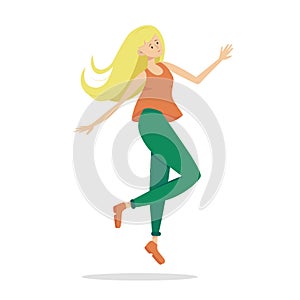Happy jumping woman isolated on white. Floating woman vector illustration