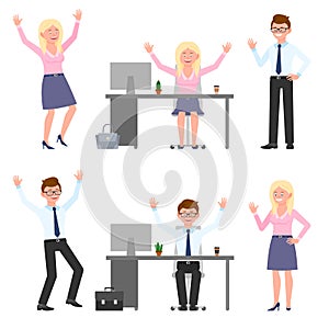 Happy, jumping young eyeglasses man and woman vector illustration. Hopping, hands up, having fun boy and girl cartoon character