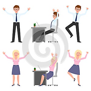Happy, jumping young office man, woman vector. Hopping, hands up, having fun, sitting side view boy, girl cartoon character