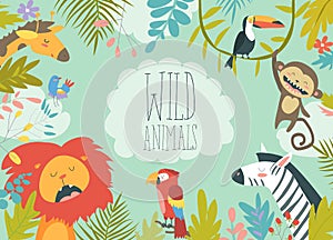 Happy jungle animals creating a framed background photo