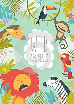 Happy jungle animals creating a framed background photo