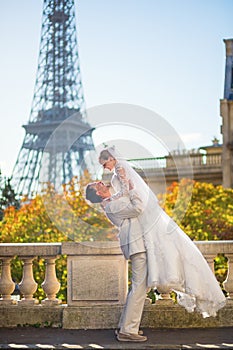 Happy just married couple in Paris