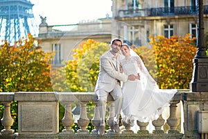 Happy just married couple in Paris