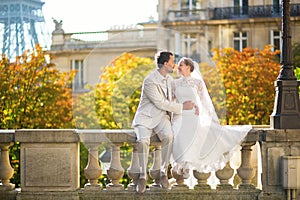 Happy just married couple in Paris