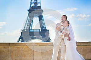 Happy just married couple in Paris