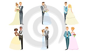 Happy Just Married Couples Set, Elegant Newlyweds, Bride and Groom Celebrating Marriage Vector Illustration